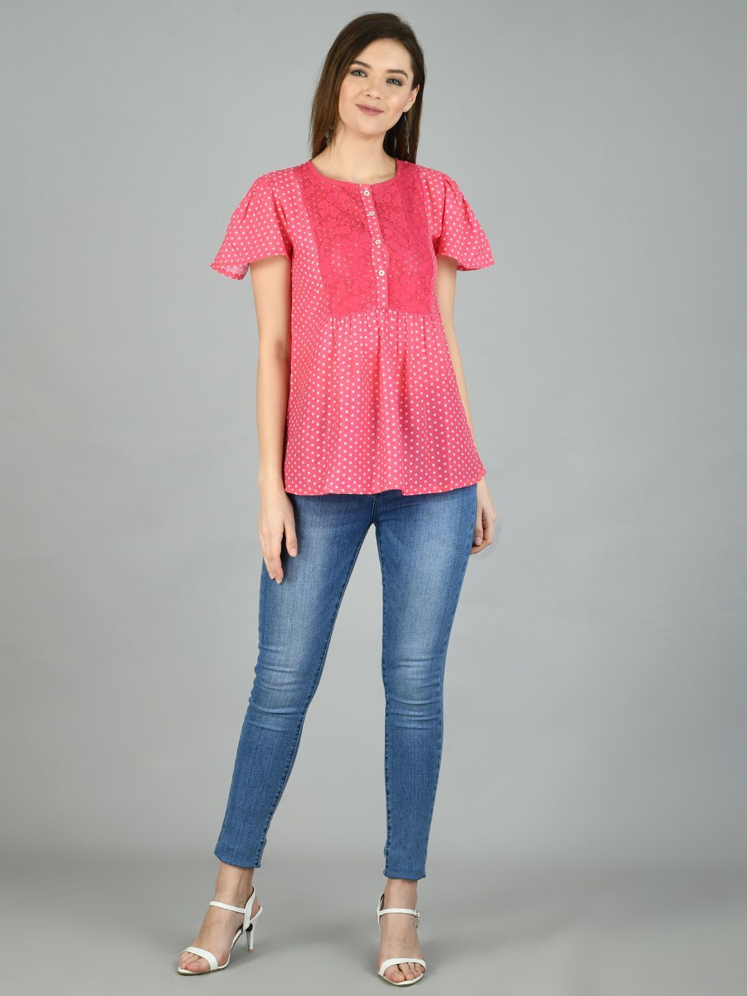 Women's Pink Polyester Printed Half Sleeve Round Neck Casual Top - Myshka