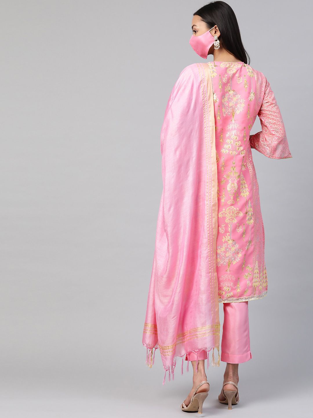 Women's Pink A-Line Printed Kurta Pant & Dupatta Set with Mask - Juniper