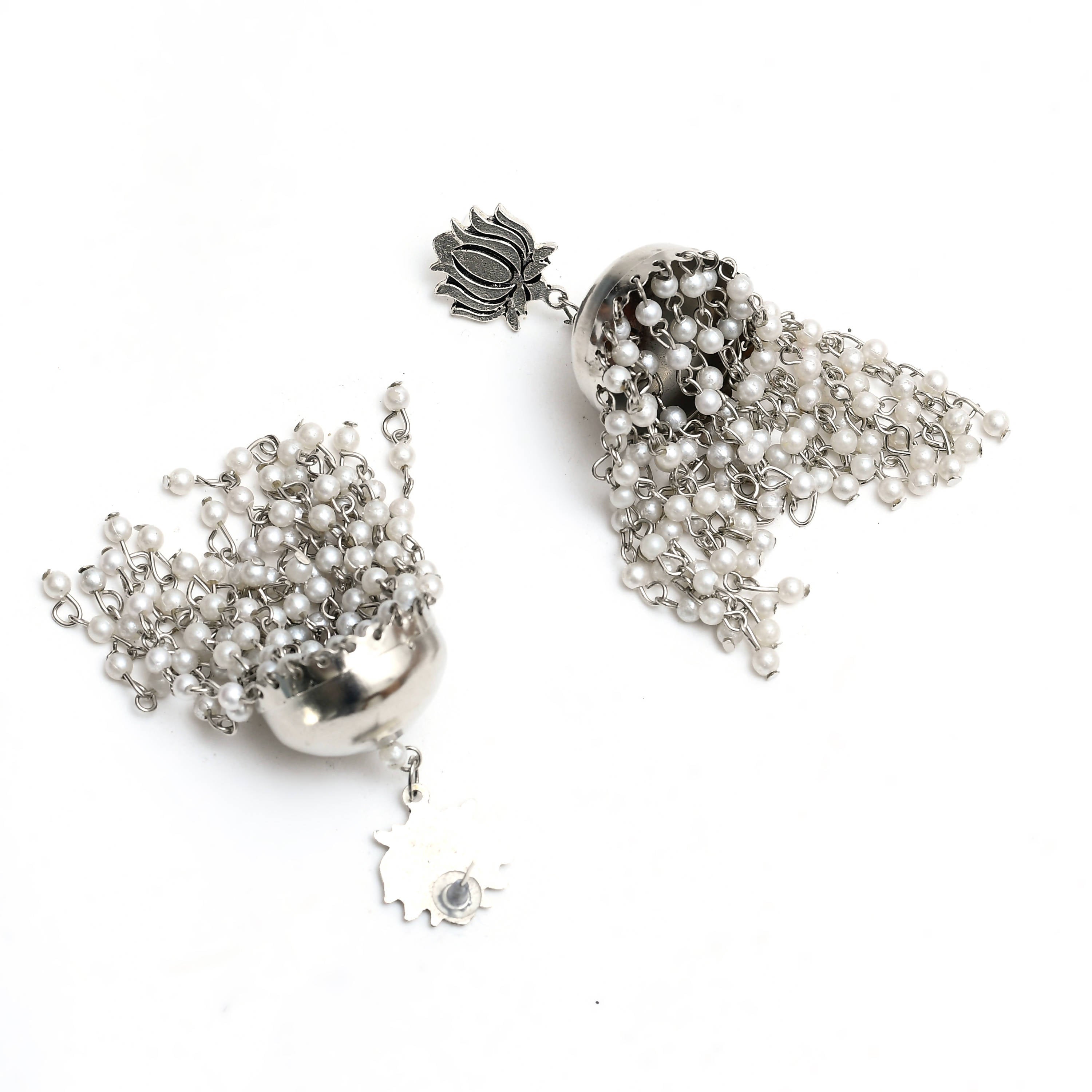 Johar Kamal Silver-Plated Lotus design Earrings with Pearls Jhumkas Jker_077