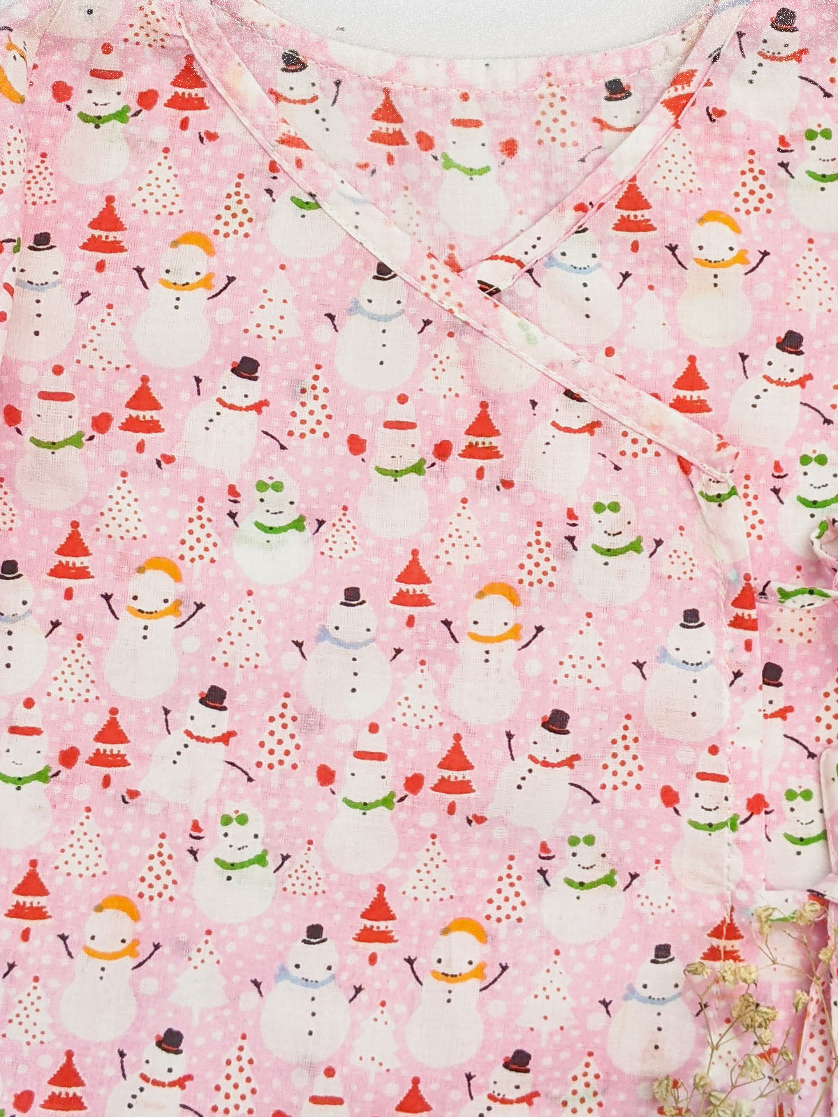 Girl's Pink Christmas Printed Cotton Unisex Jhabla With Strings  - HALEMONS