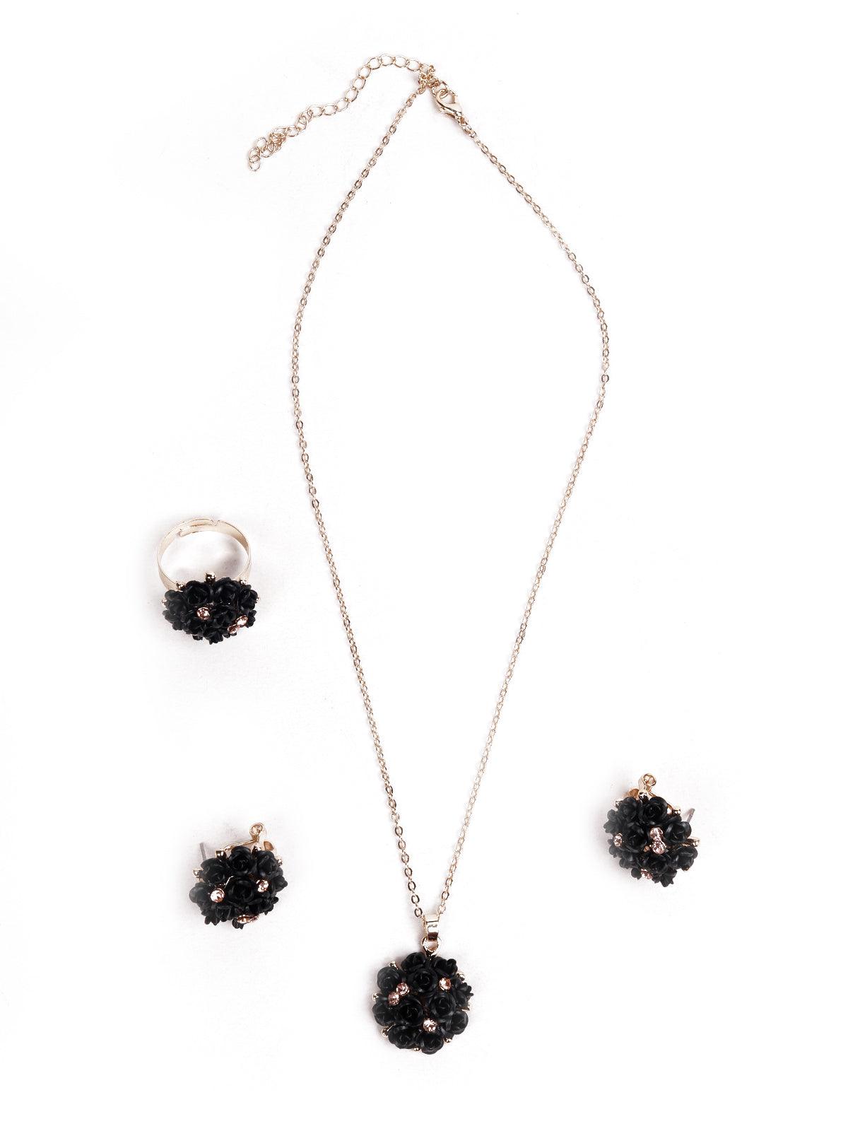 Women's Jet Black Floral Pendant Necklace Set - Odette