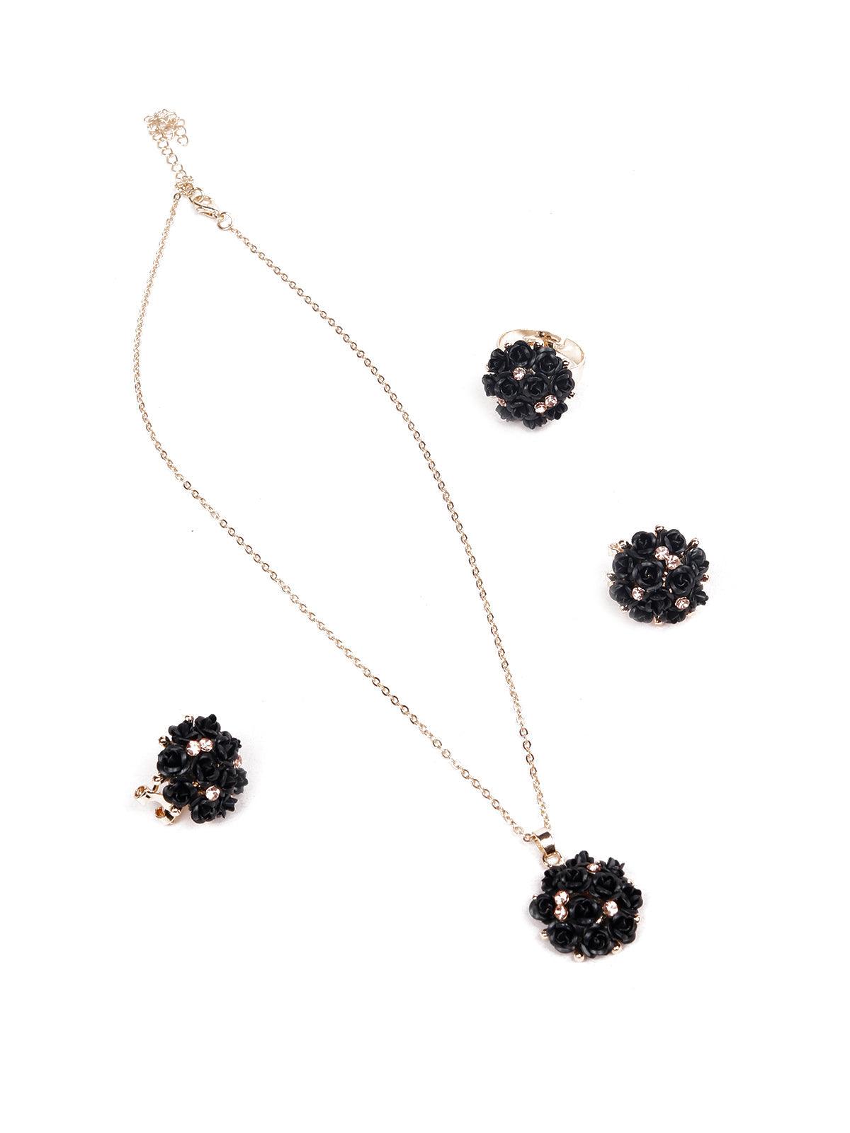 Women's Jet Black Floral Pendant Necklace Set - Odette