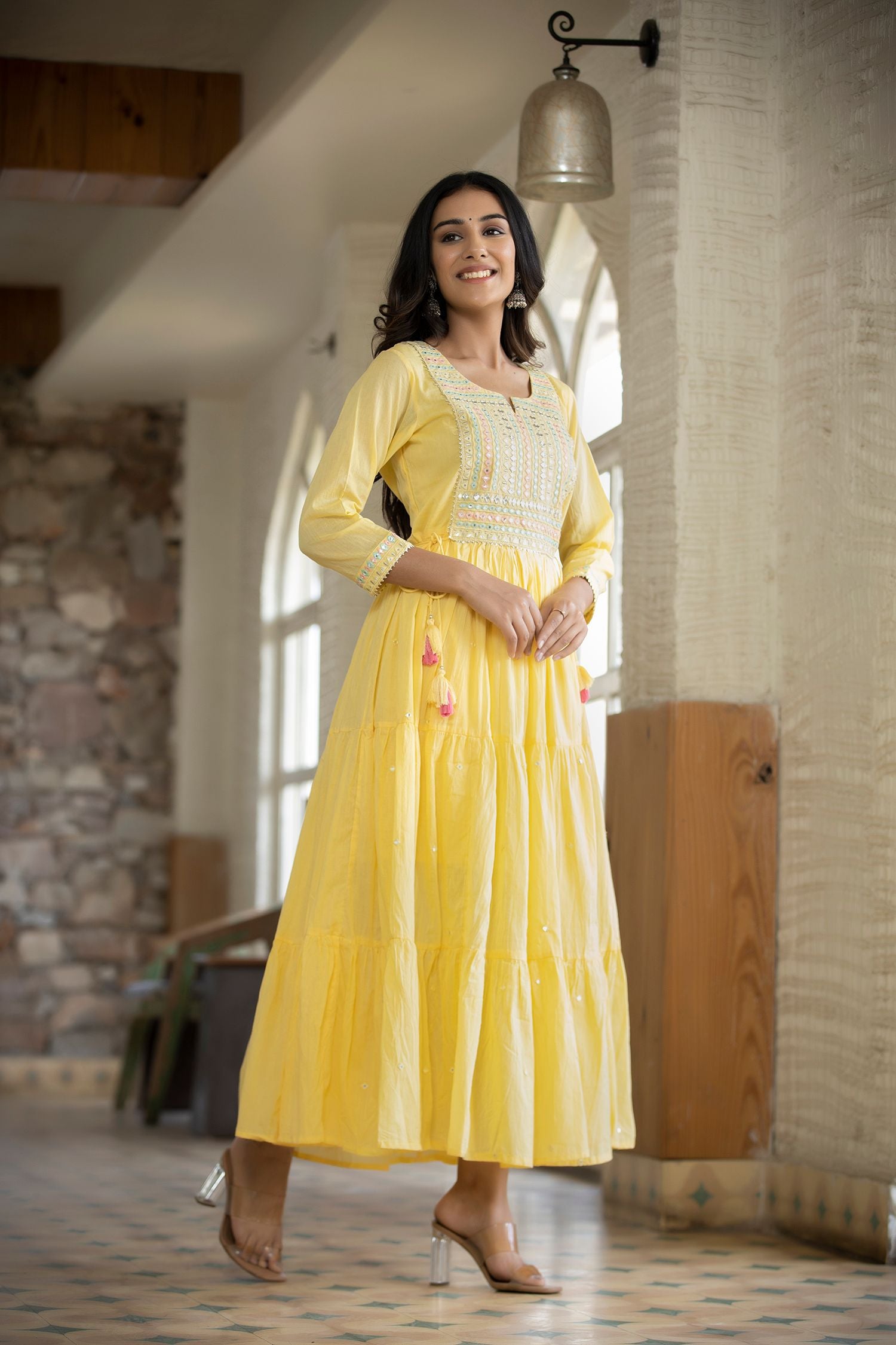 Women's Yellow Mirror Embellishment Anarkali Kurta - KAAJH