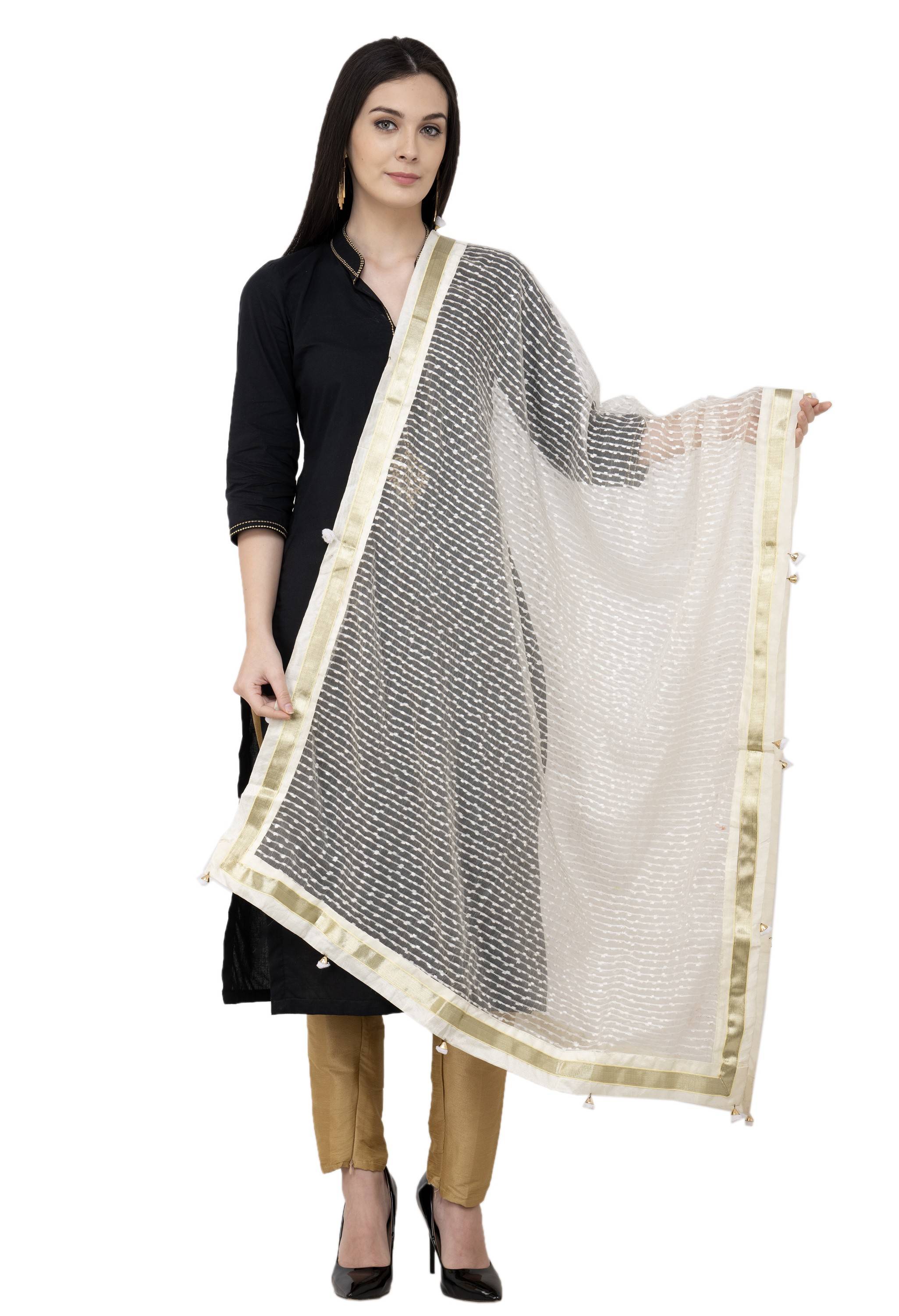 A R SILK Payal Pum Pum Fancy Dupatta Off White Color Dupatta or Chunni