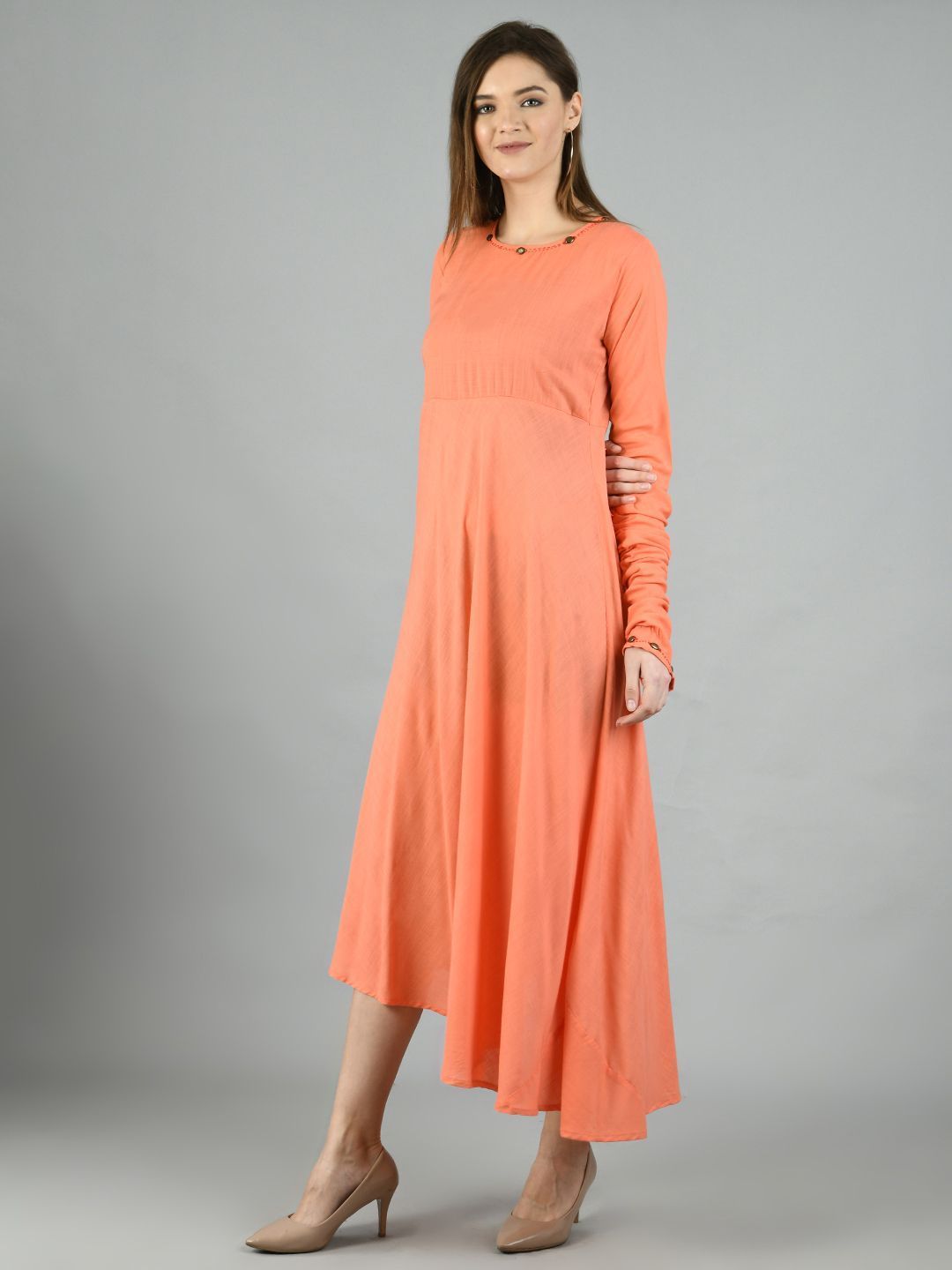 Women's Peach Cotton Solid Full Sleeve Round Neck Casual Dress Dupatta Set - Myshka