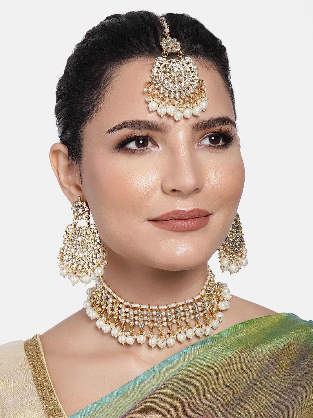 Women's Gold Plated White Kundan & Pearl Studded Choker Necklace Set - i jewels