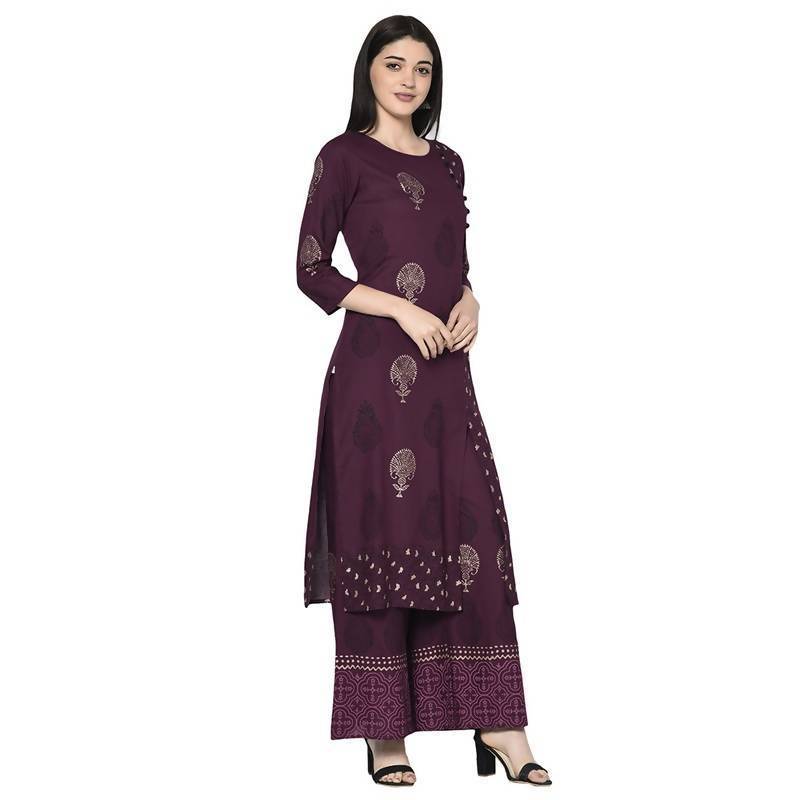 Women's Wine Rayon Block print straight kurta Palzzo set