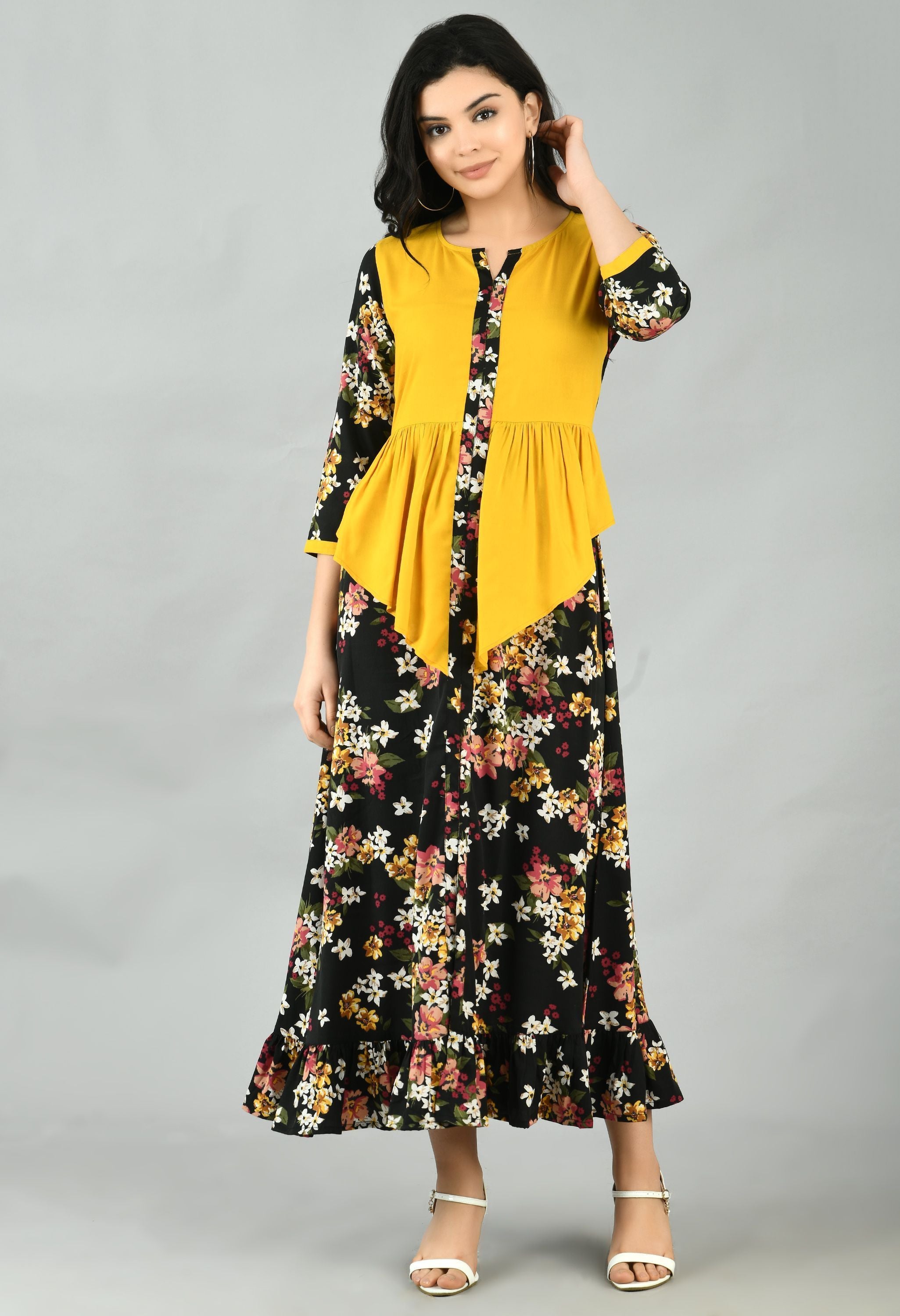 Women's Multi Polyester Printed 3/4 Sleeve Round Neck Casual Dress - Myshka