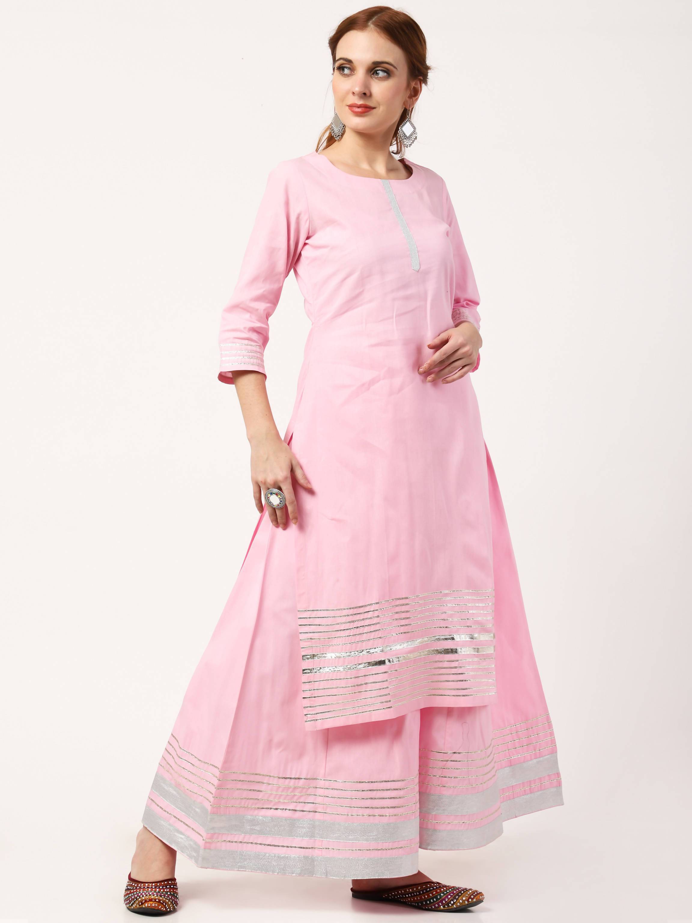 Women's Baby Pink Cotton Kurta Sharara Dupatta Set - Cheera