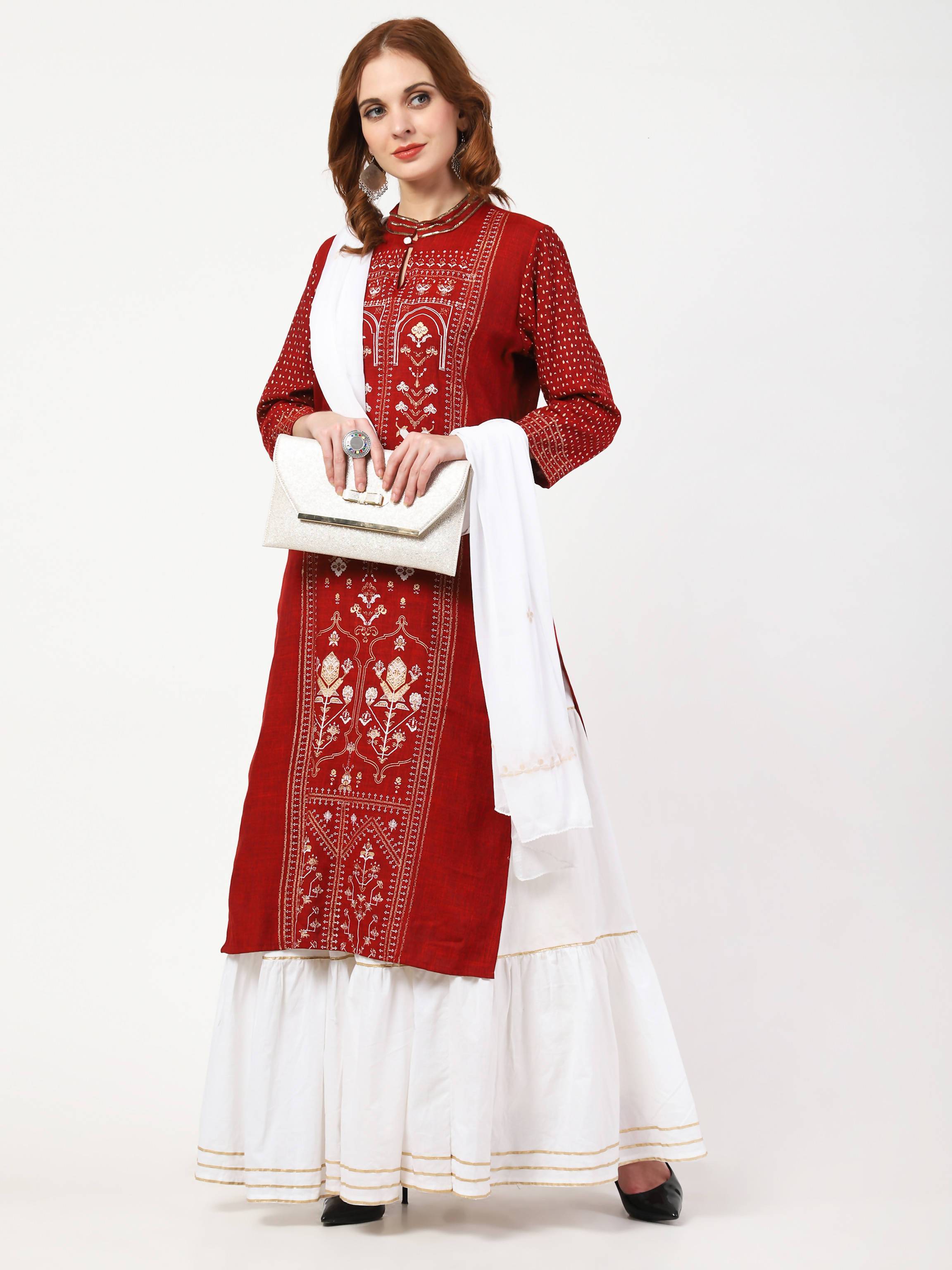 Women's Maroon & White Rayon & Cotton Kurta With Skirt & Embroidered Dupatta Set - Cheera