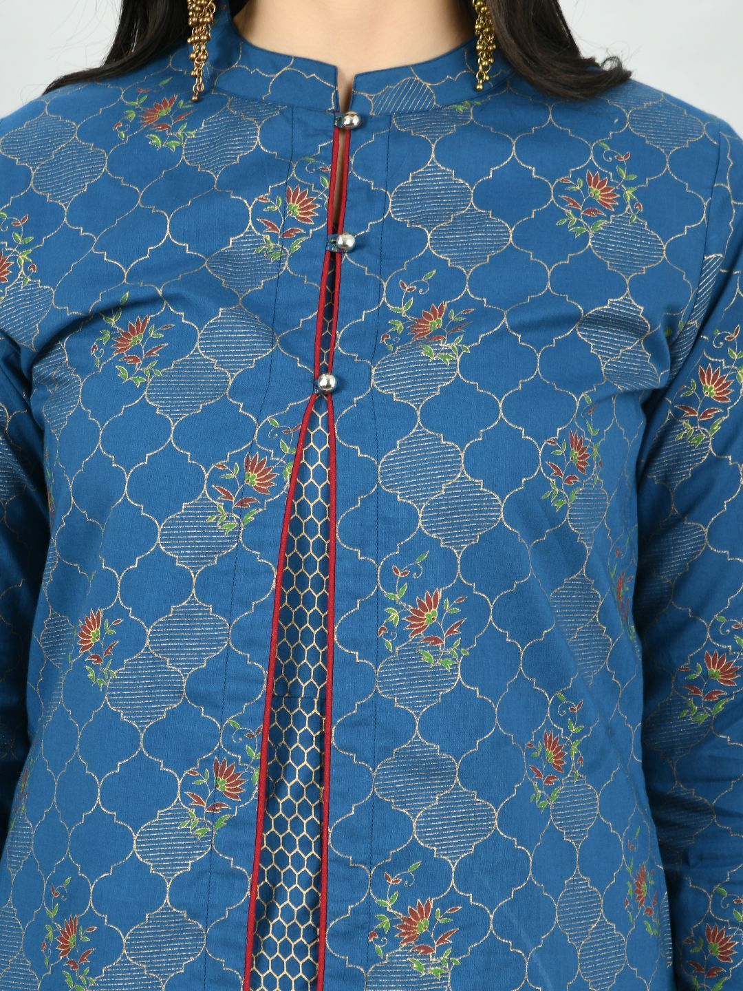 Women's Blue Cotton Printed Full Sleeve Mandarin Neck Casual Kurta Jacket Set - Myshka