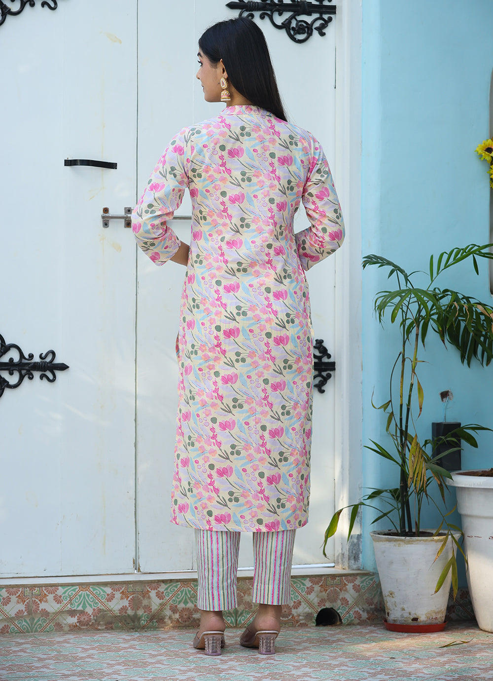 Women's Pink Printed Cotton Kurta Pant Set - KAAJH