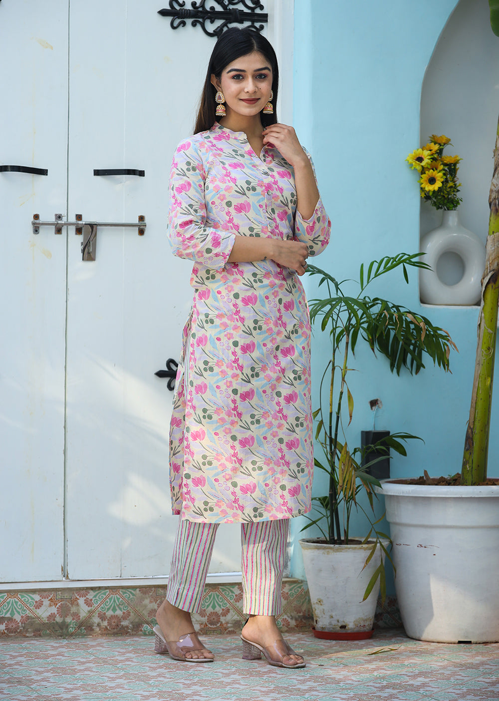 Buy White Linen Kurta with Cowl Pant and Embroidery floral Jacket for Women