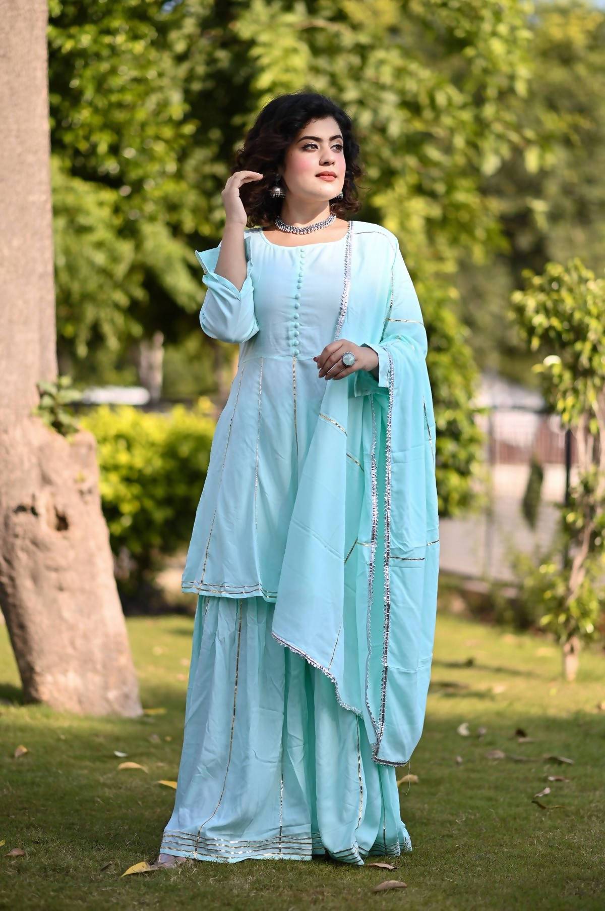 Women's Turquoise Blue 100% Cotton Kurta Sharara Dupatta Set - Cheera