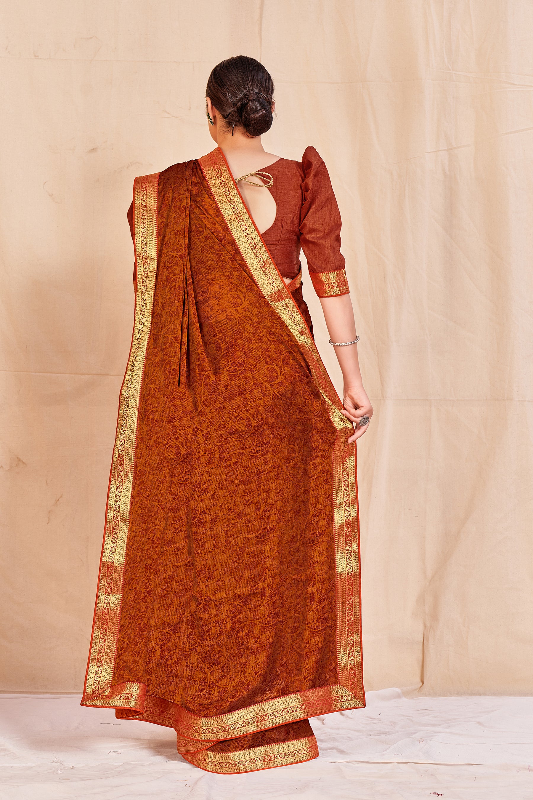 Women's Orange Designer Cadbury Chiffon Banarasi Lace Saree - Vamika