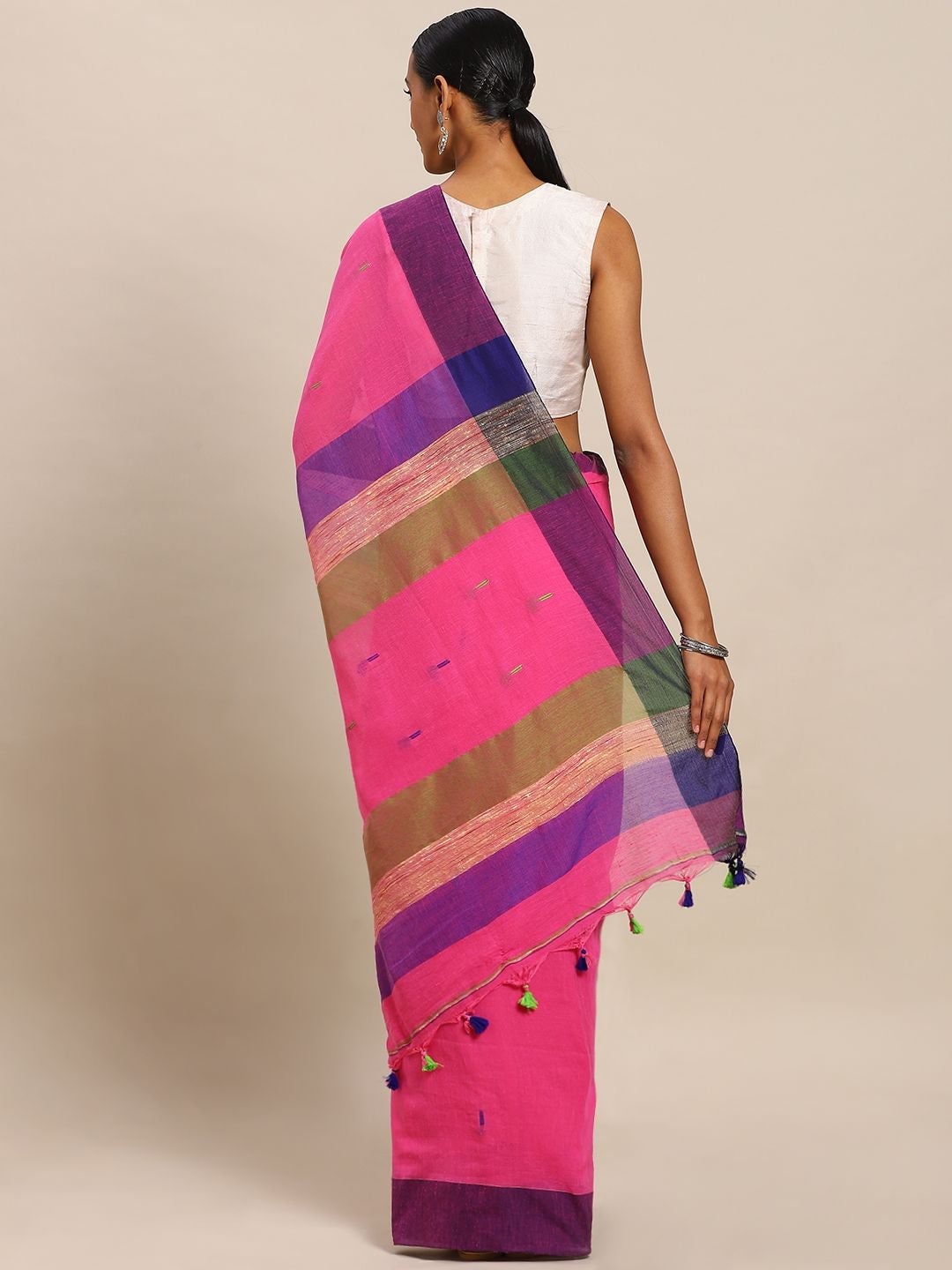 Women's Handloom Pure Khadi Cotton Saree With Body Pom Pom - Olive Mist