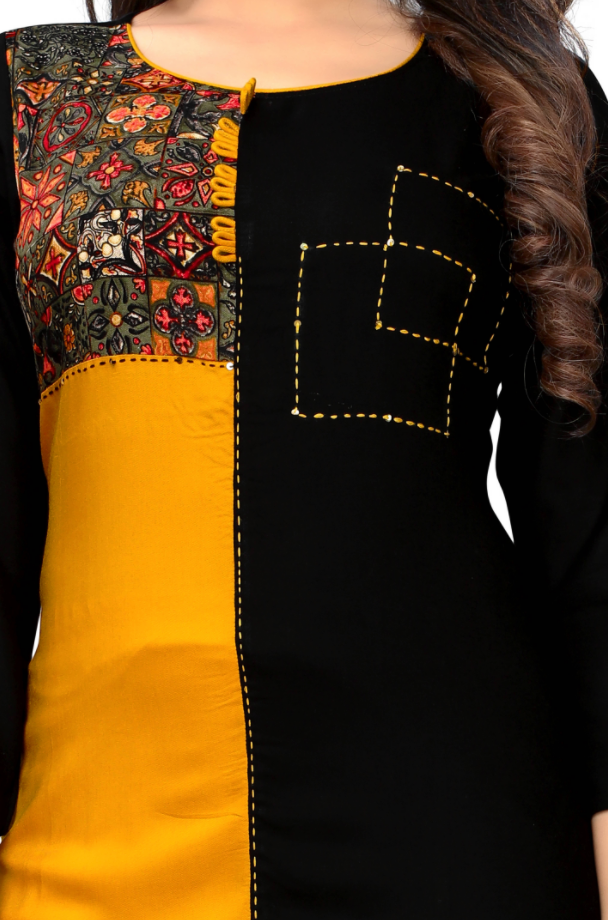 Women's Black & Yellow Rayon Kurta By Vbuyz (1Pc)