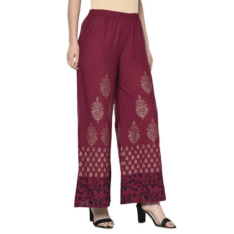 Women's Maroon Rayon Block Print Flared slip-on Palazzo