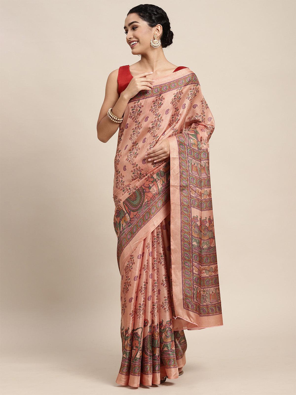 Women's Khadi Silk Beige Printed Saree With Blouse Piece - Odette