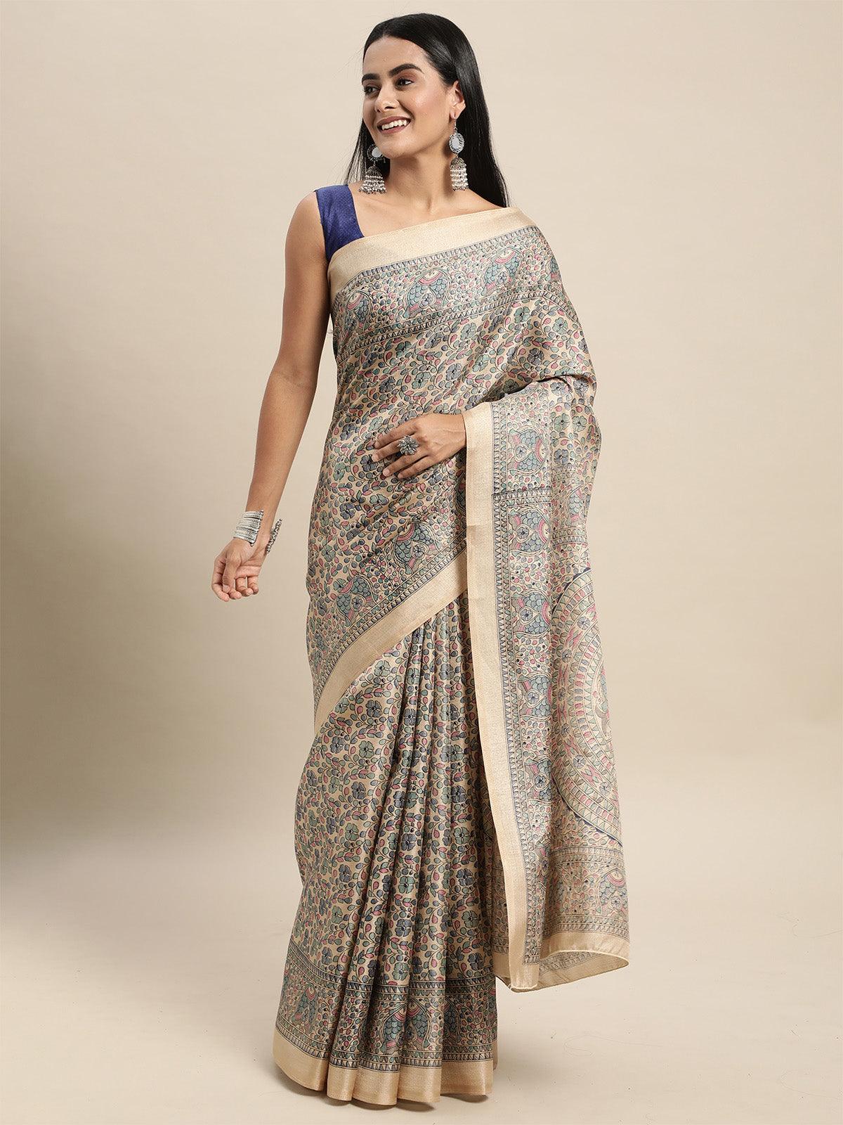 Women's Khadi Silk Blue Printed Saree With Blouse Piece - Odette