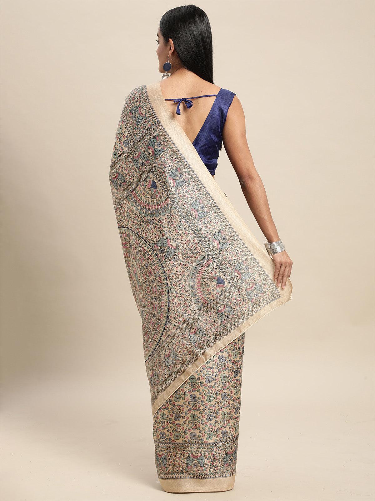 Women's Khadi Silk Blue Printed Saree With Blouse Piece - Odette