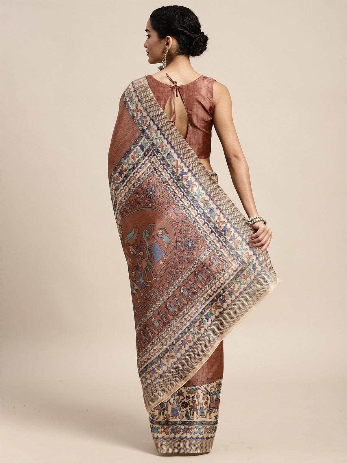 Women's Khadi Silk Brown Printed Saree With Blouse Piece - Odette
