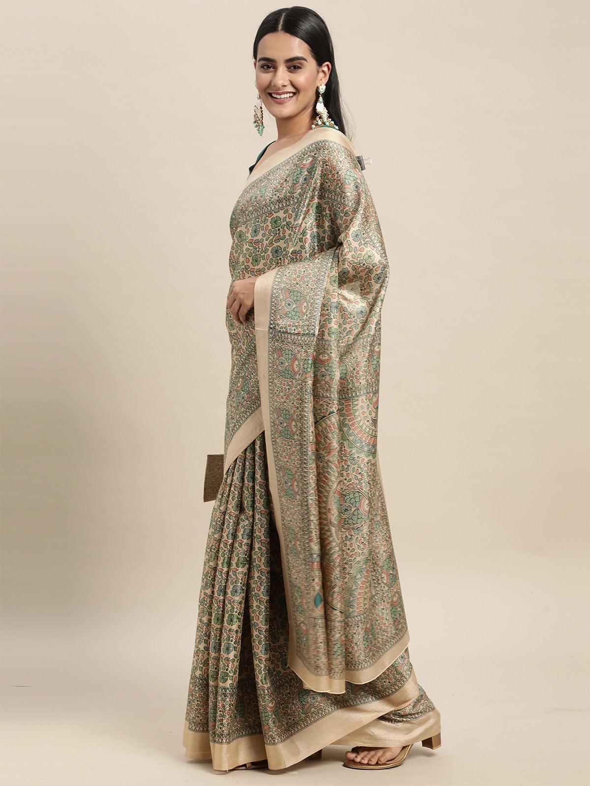 Women's Khadi Silk Green Printed Saree With Blouse Piece - Odette