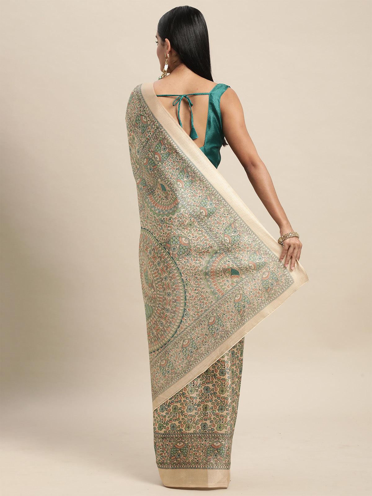 Women's Khadi Silk Green Printed Saree With Blouse Piece - Odette