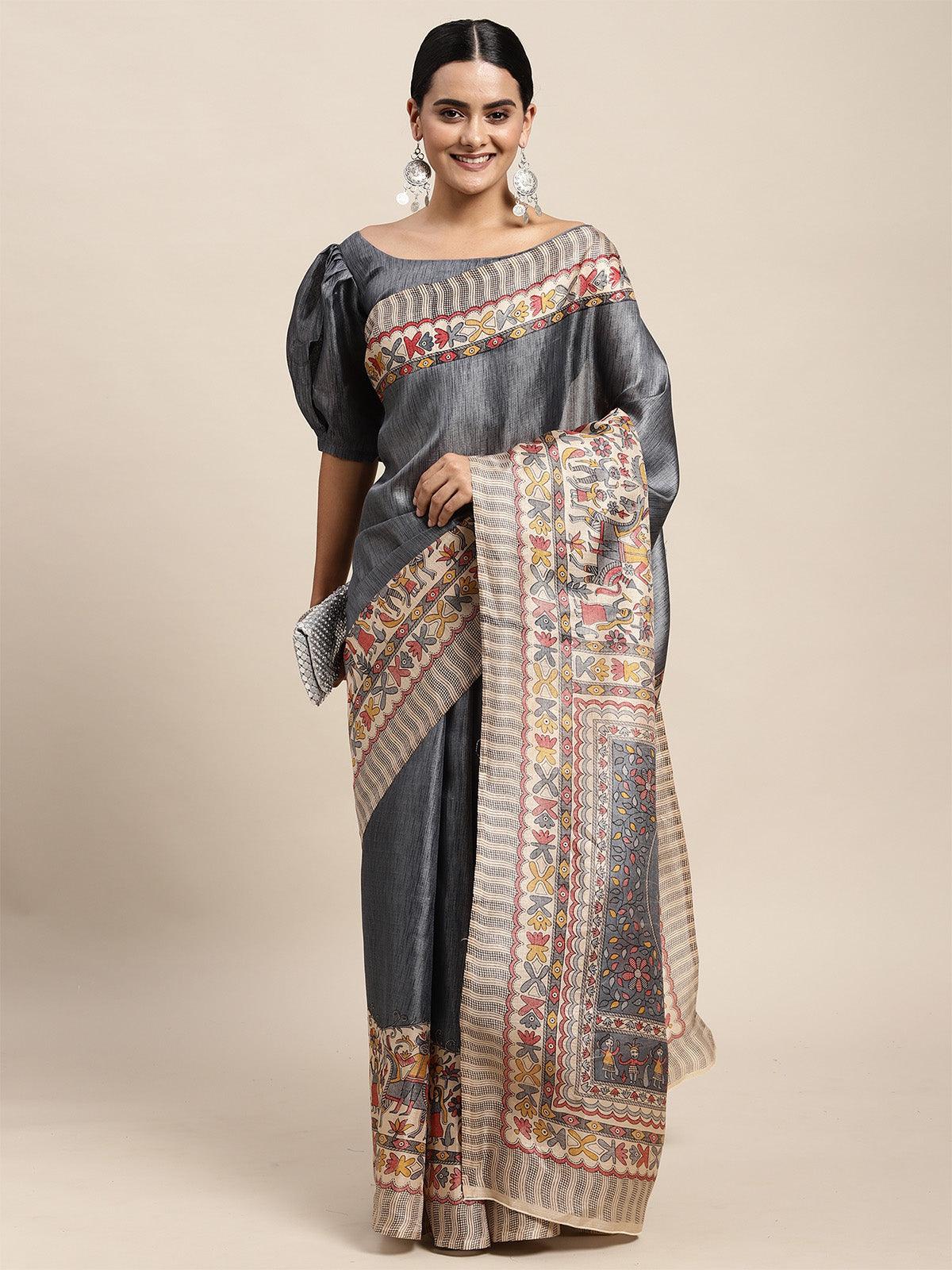 Women's Khadi Silk Grey Printed Saree With Blouse Piece - Odette