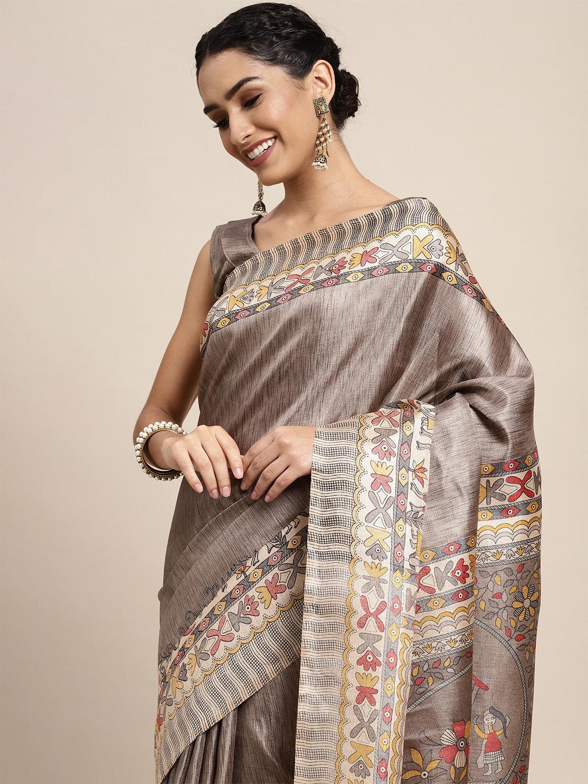 Women's Khadi Silk Grey Printed Saree With Blouse Piece - Odette