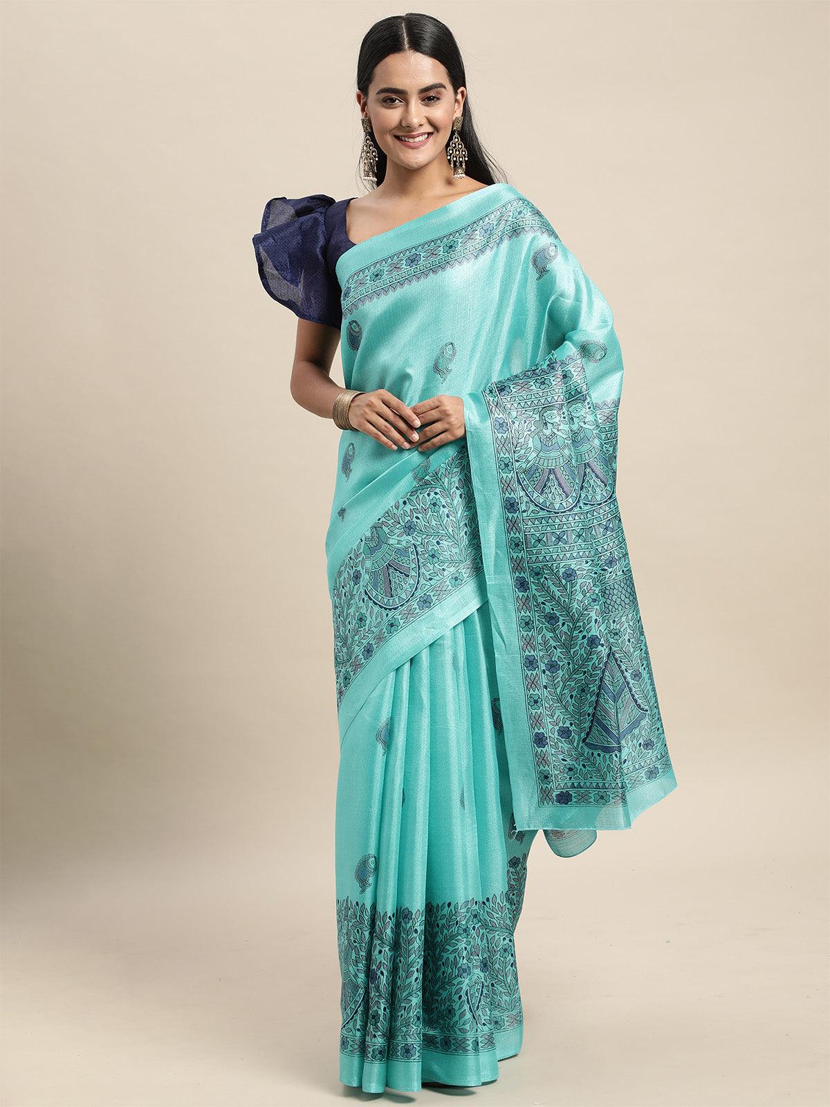 Women's Khadi Silk Light Blue Printed Saree With Blouse Piece - Odette