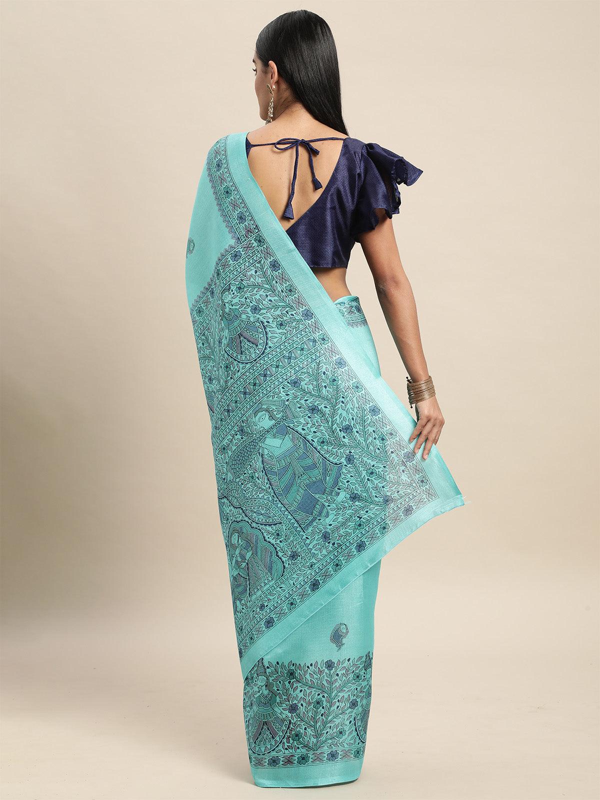 Women's Khadi Silk Light Blue Printed Saree With Blouse Piece - Odette