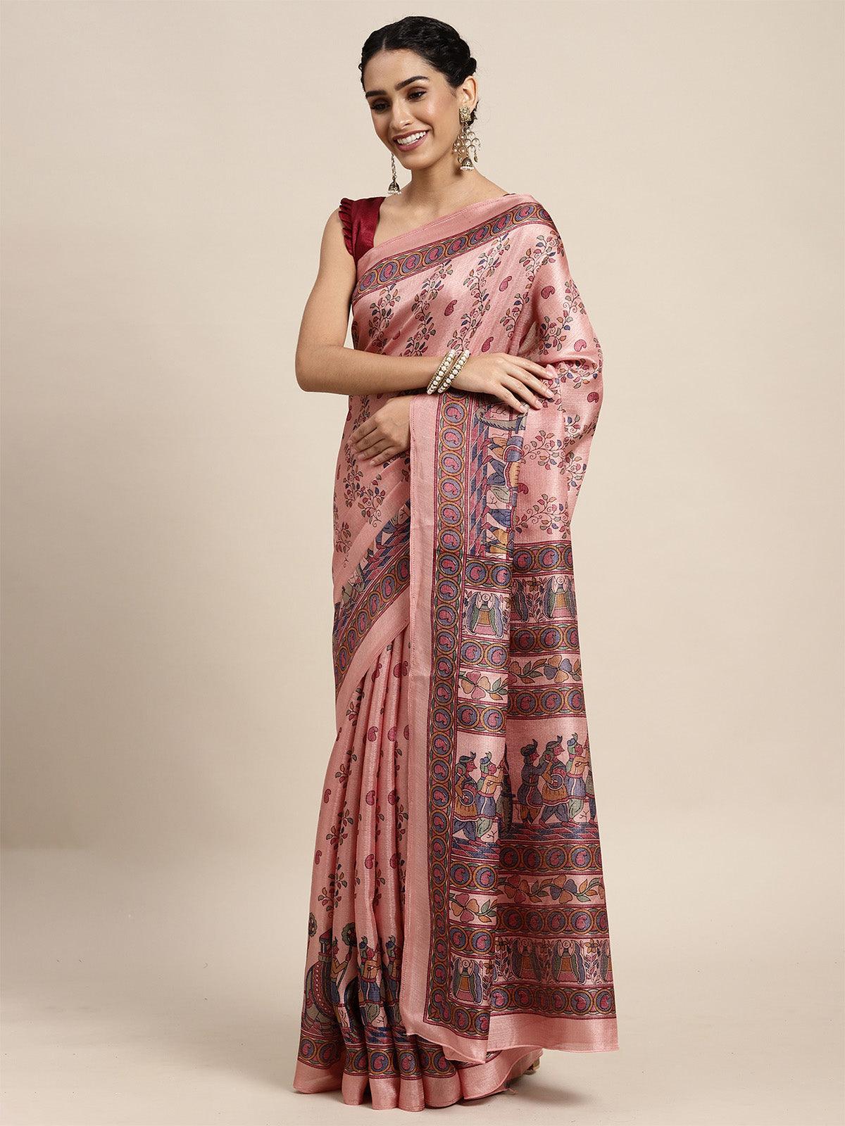 Women's Khadi Silk Mauve Printed Saree With Blouse Piece - Odette