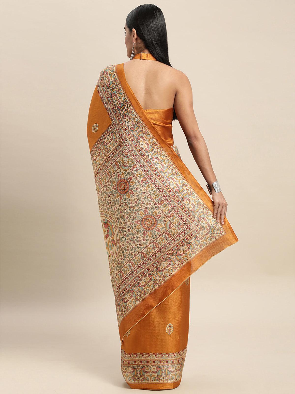 Women's Khadi Silk Mustard Printed Saree With Blouse Piece - Odette