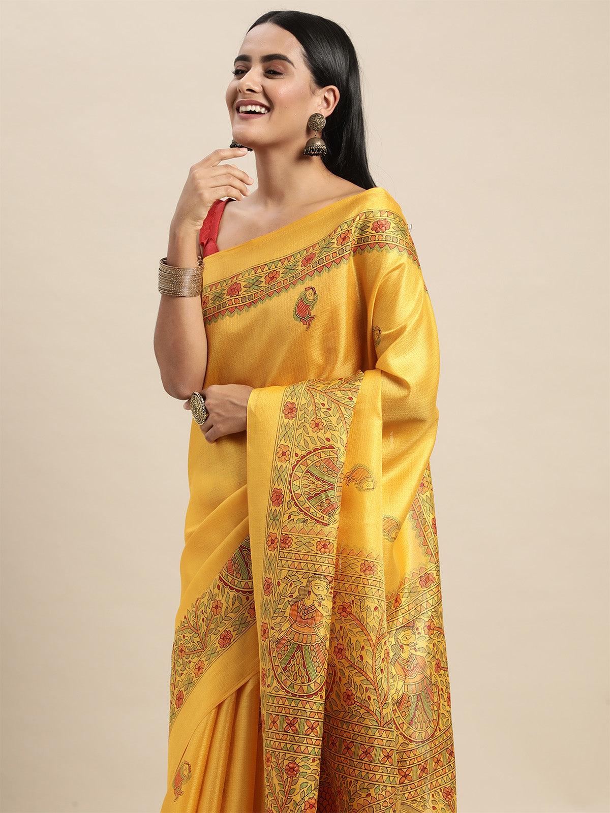 Women's Khadi Silk Mustard Printed Saree With Blouse Piece - Odette