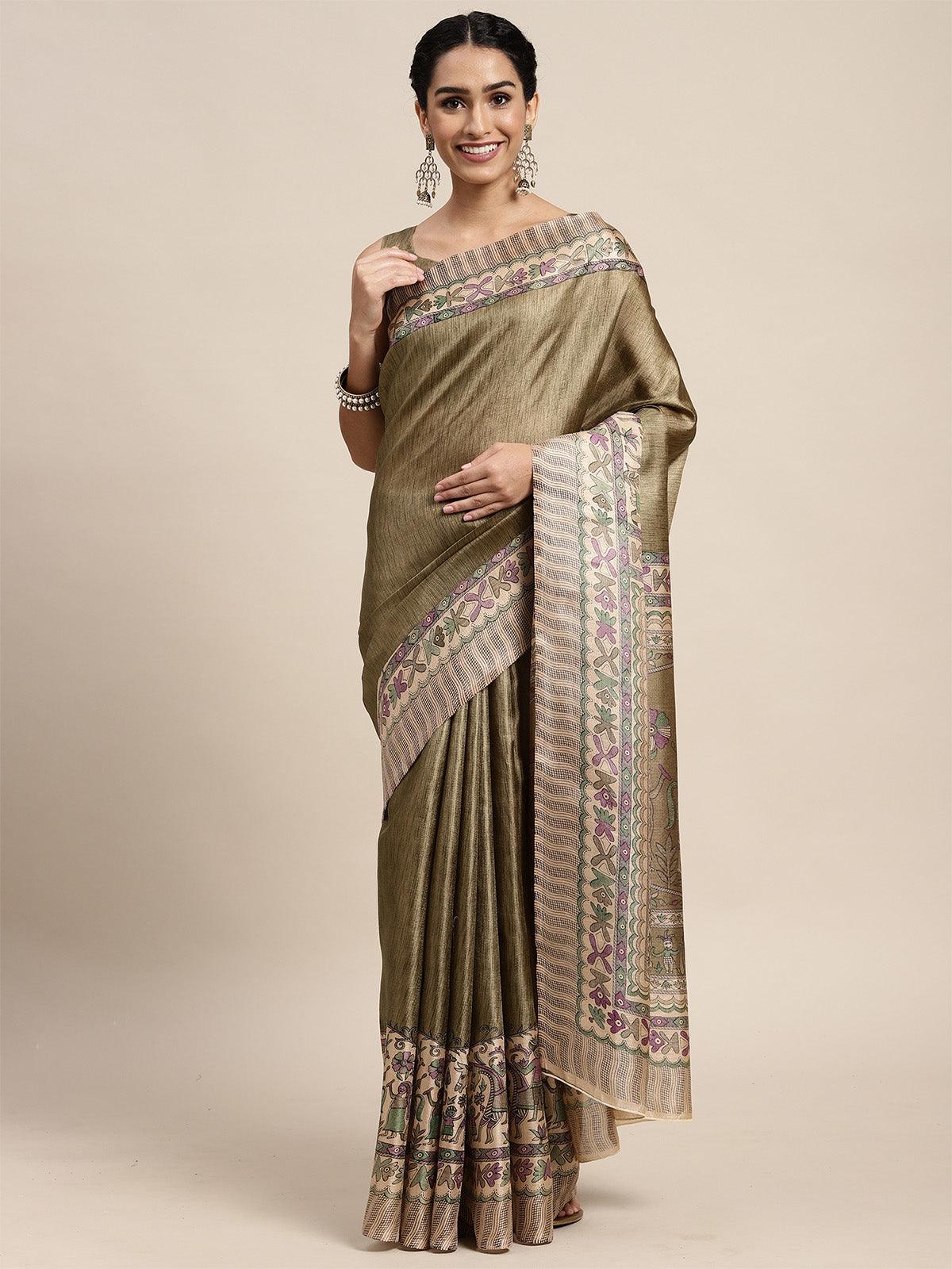 Women's Khadi Silk Olive Printed Saree With Blouse Piece - Odette