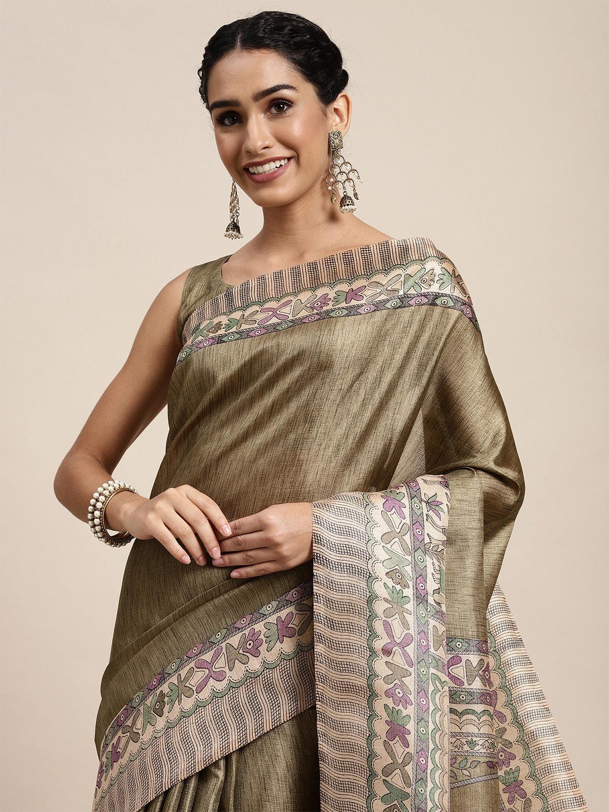 Women's Khadi Silk Olive Printed Saree With Blouse Piece - Odette