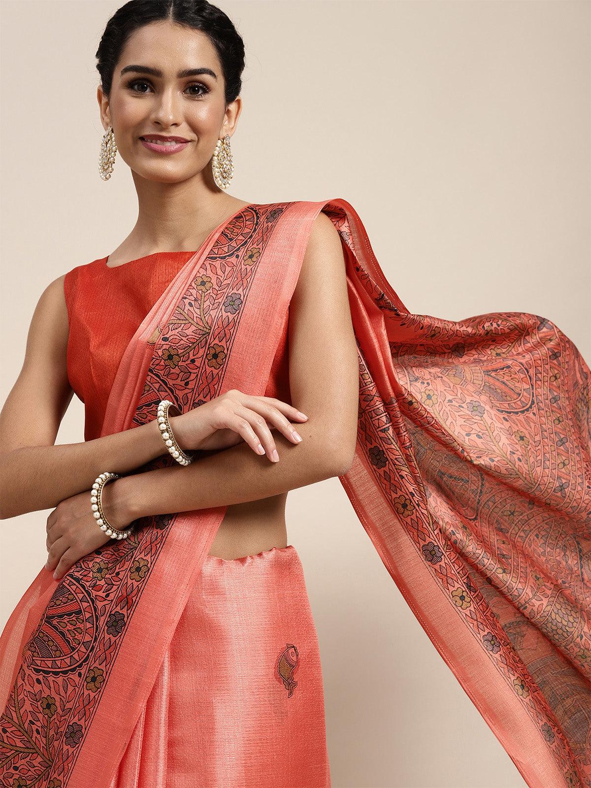Women's Khadi Silk Peach Printed Saree With Blouse Piece - Odette
