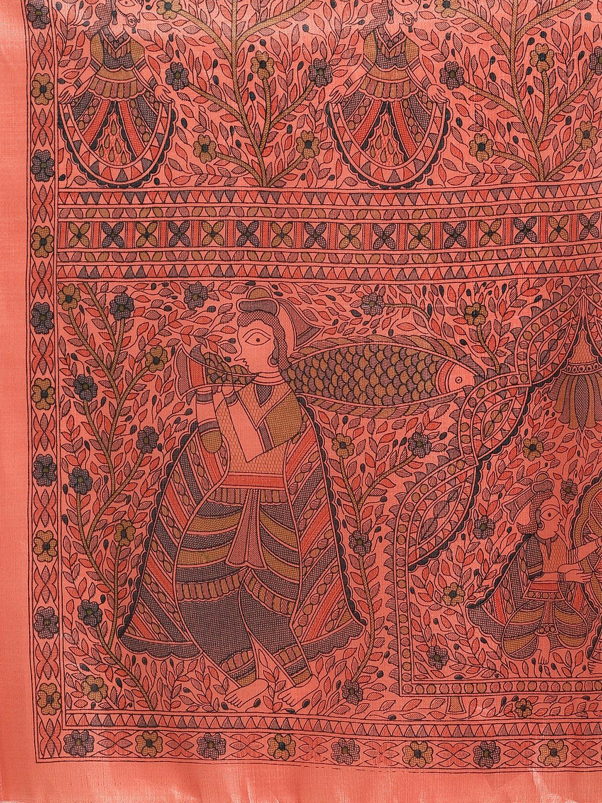 Women's Khadi Silk Peach Printed Saree With Blouse Piece - Odette