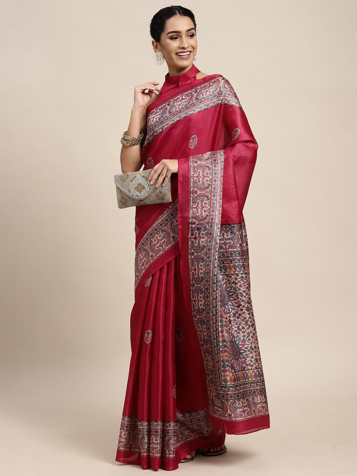 Women's Khadi Silk Pink Printed Saree With Blouse Piece - Odette