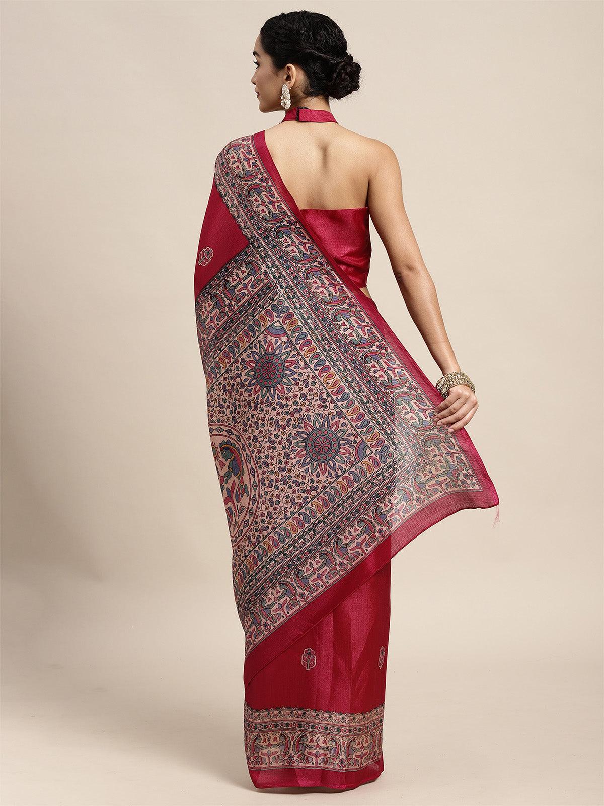 Women's Khadi Silk Pink Printed Saree With Blouse Piece - Odette