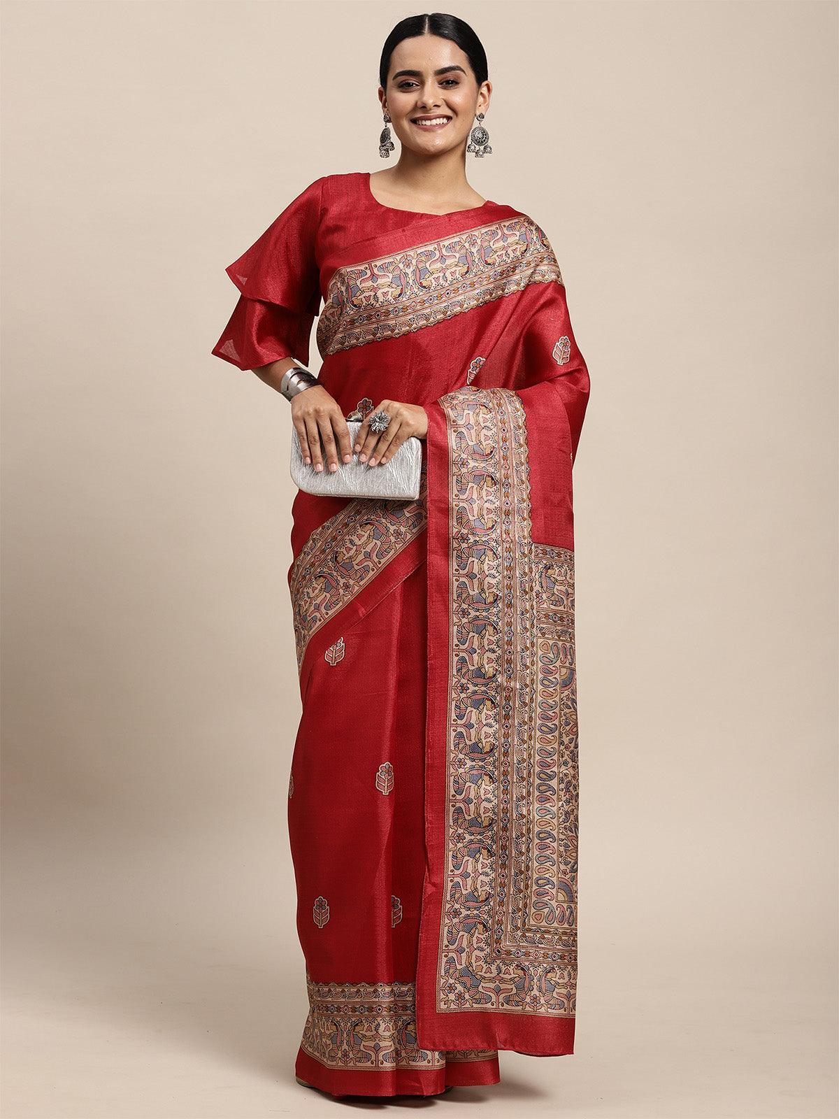 Women's Khadi Silk Red Printed Saree With Blouse Piece - Odette