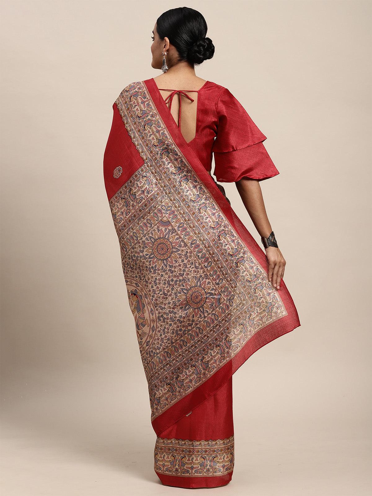 Women's Khadi Silk Red Printed Saree With Blouse Piece - Odette