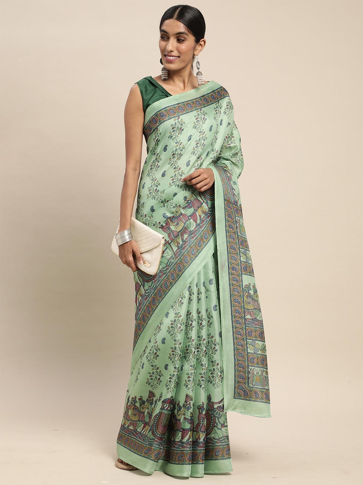 Women's Khadi Silk Sea Green Printed Saree With Blouse Piece - Odette