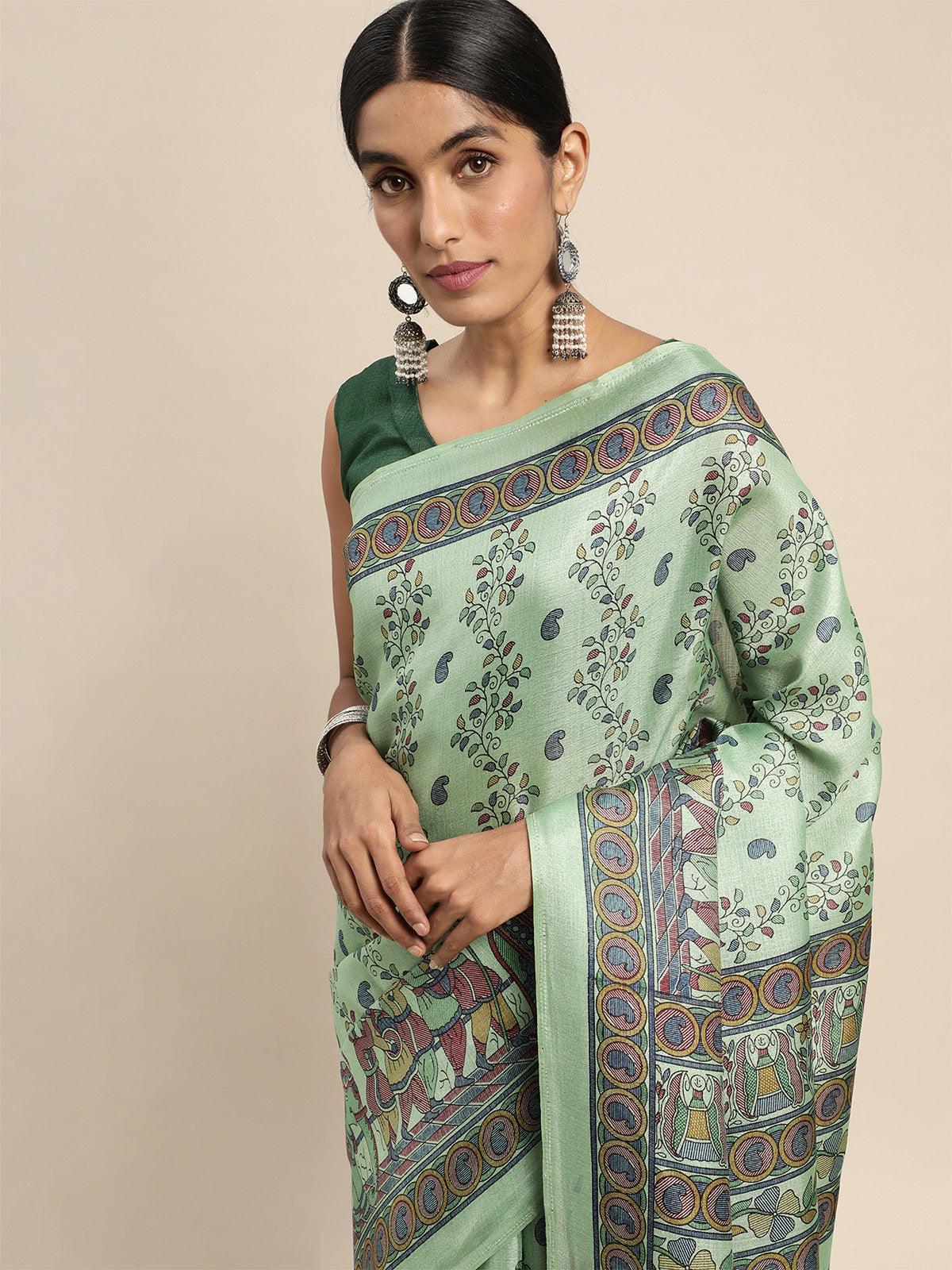 Women's Khadi Silk Sea Green Printed Saree With Blouse Piece - Odette