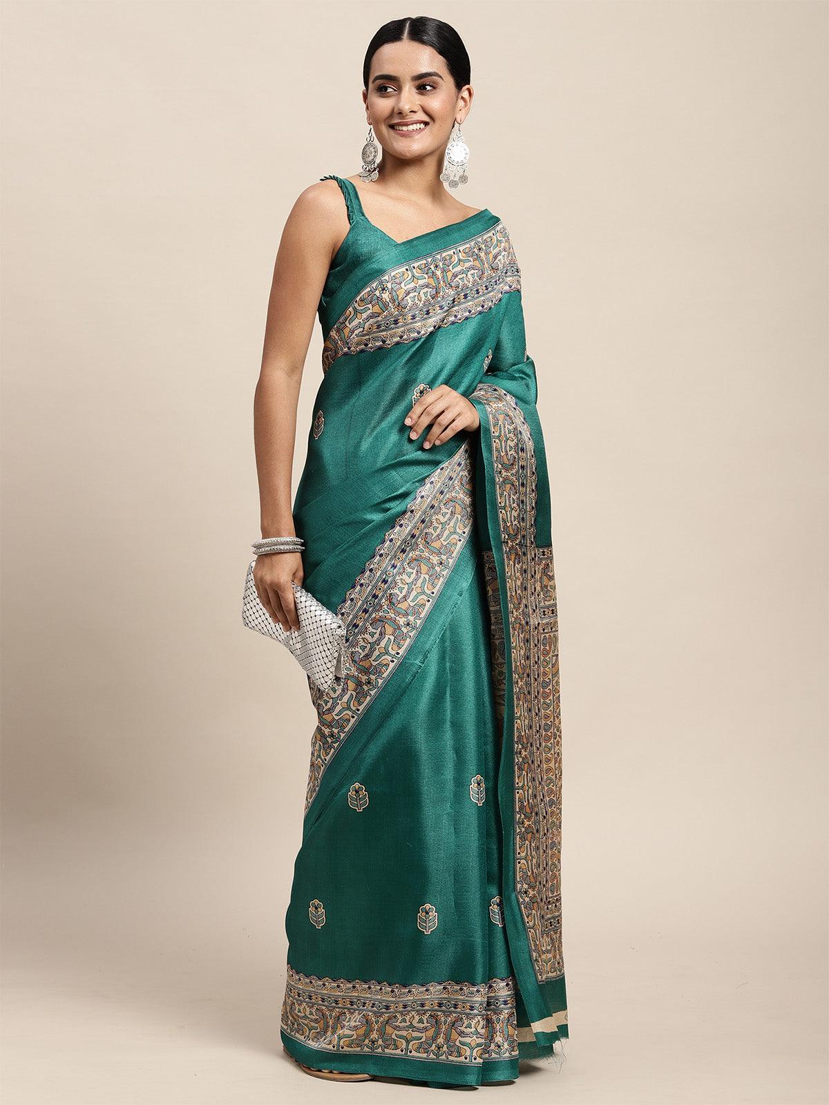 Women's Khadi Silk Teal Blue Printed Saree With Blouse Piece - Odette