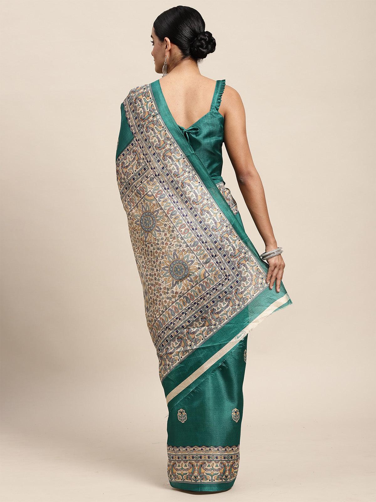 Women's Khadi Silk Teal Blue Printed Saree With Blouse Piece - Odette
