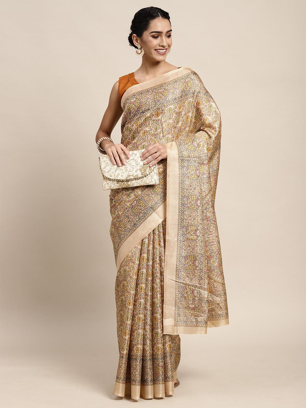 Women's Khadi Silk Yellow Printed Saree With Blouse Piece - Odette