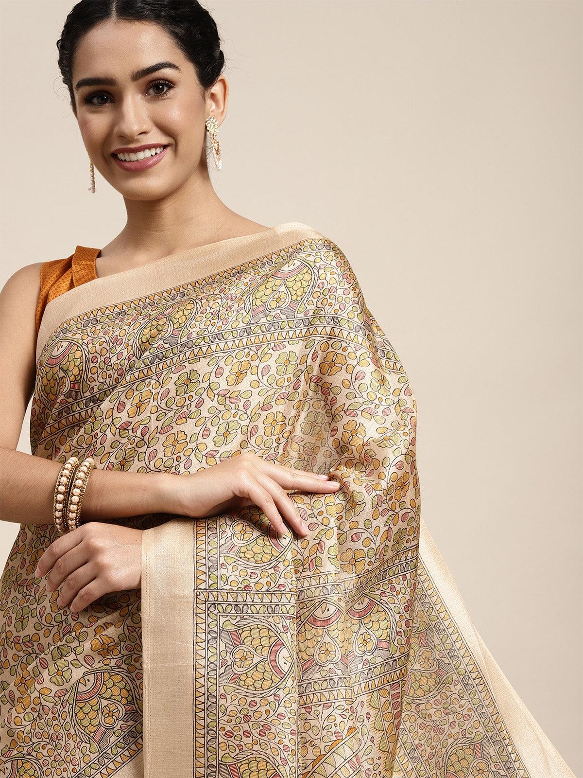 Women's Khadi Silk Yellow Printed Saree With Blouse Piece - Odette