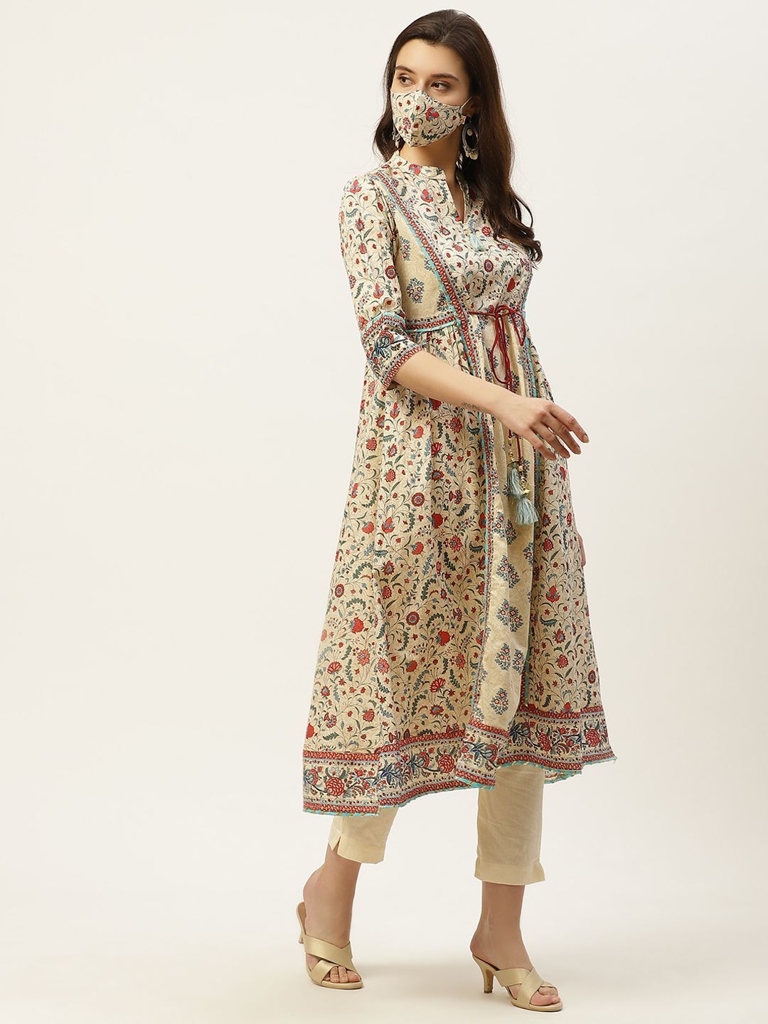 Women's Floral Printed Panelled Kurta With Mask - Juniper